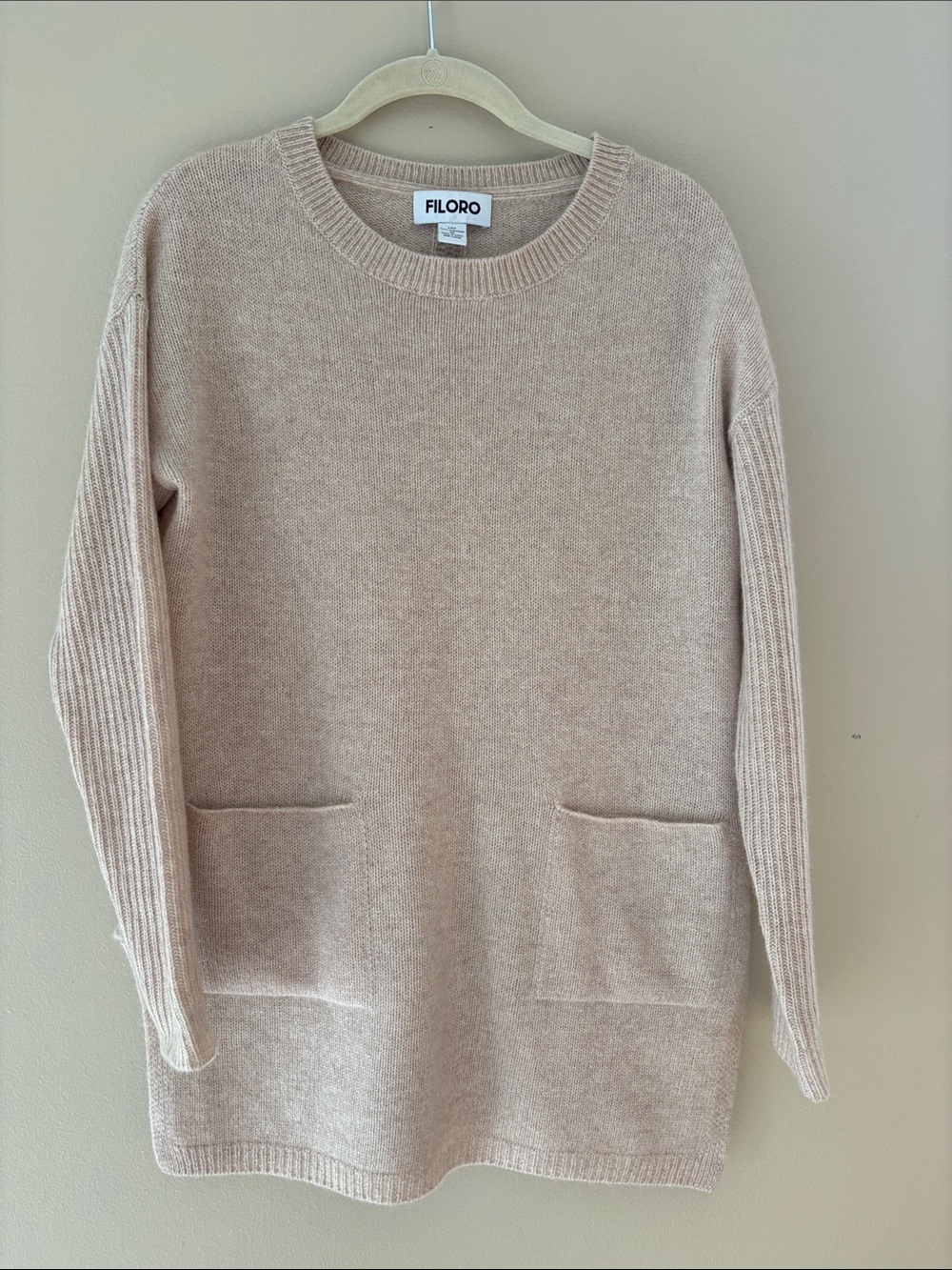 Filoro 100% 2-Ply Cashmere Tunic Sweater Beige Pockets size Medium
